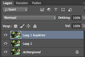 Aan de rechterzijde zie je het laagvenster staan met de bewuste foto genaamd achtergrond. Maak van de achtergrond <strong>twee kopieën </strong>door (Mac: cmd + j, Windows ctrl + j ) te klikken of naar  menu laag en laag dupliceren. Maak nog een nieuwe laag aan via <strong>Laag - Nieuw - Laag (Mac: shift + cmd + N)</strong> en noem deze bijvoorbeeld Frame.
