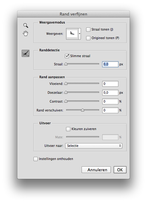 Activeer het <strong>Gereedschap Straal verfijnen (refine radius tool)</strong>. Ga dan naar <strong>Rand verfijnen (Refine Edge)</strong>. Vink <strong>Slimme straal (smart radius)</strong> aan en speel wat met de instellingen terwijl je naar de foto kijkt. Eenmaal tevreden dan klik je op <strong>OK</strong>.