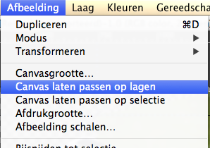 <strong>12.</strong>Het mooiste is om deze laag de hoogte iets hoger in te stellen, zodat het bewerkte plaatje omringt wordt door een mooie achtergrond. Eenmaal de getallen van hoogte ingevoerd dan naar  <strong>afbeelding</strong> en dan <strong>canvas laten passen op lagen</strong>.